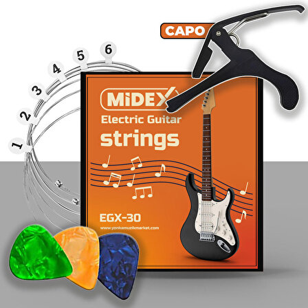 Midex EGX-30C Elektro Gitar Teli Takımı Pena ve Kapo (Capo) Seti